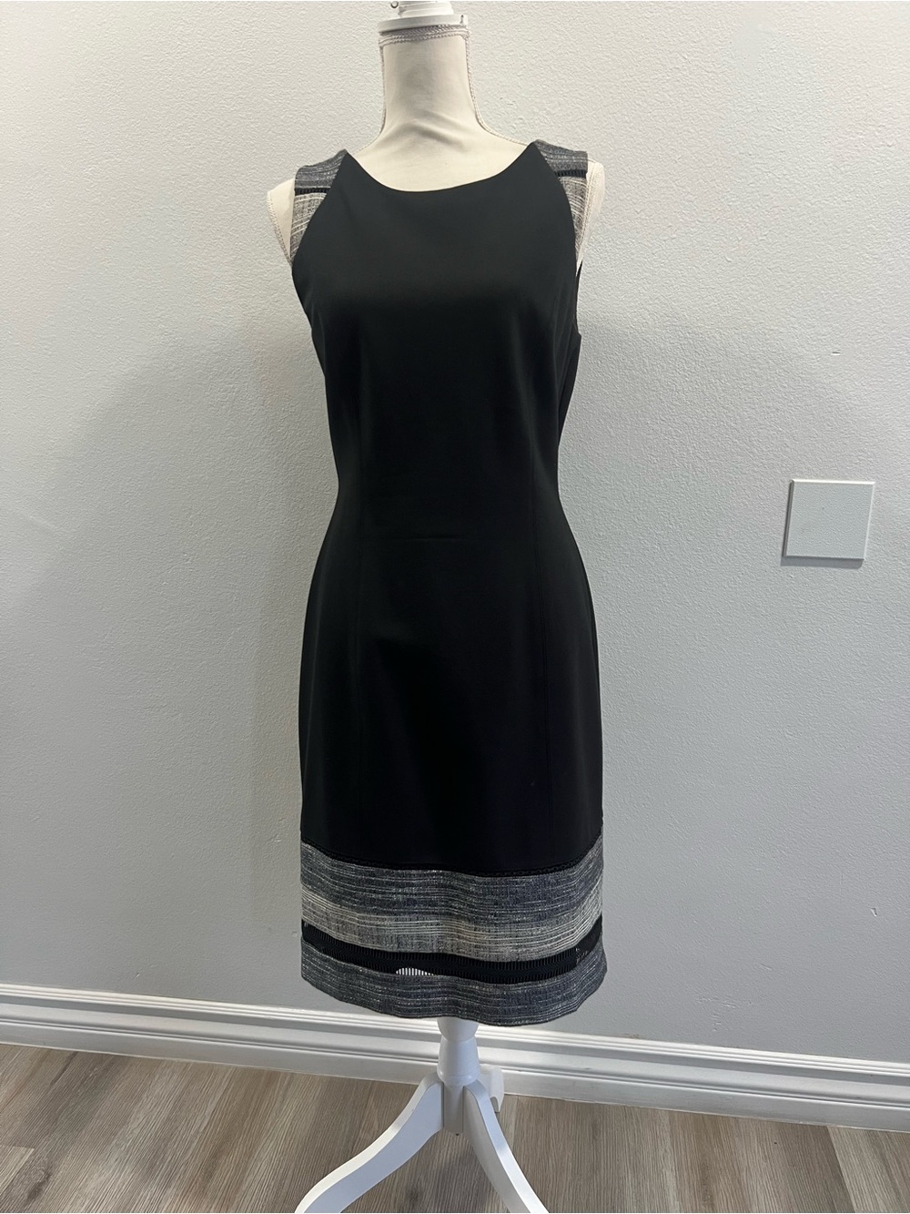 White House Black Market Black Sleeveless Sheath Dress with Gray Trim